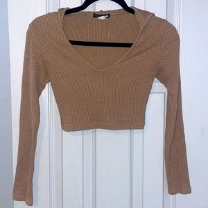 Fashion Nova, beige, ribbed, long sleeve, crop top.